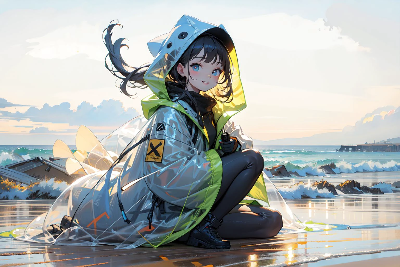 natural lighting, soft lighting, HDR (High Dynamic Range), Maximum Clarity And Sharpness, Multi-Layered Textures,(fresh and cool,bright color,cool breeze,beach,beautiful and cute smile,professional model,:1.3), <lora:GlowingPP:0.8> pop style, glowing,glowing raincoat,