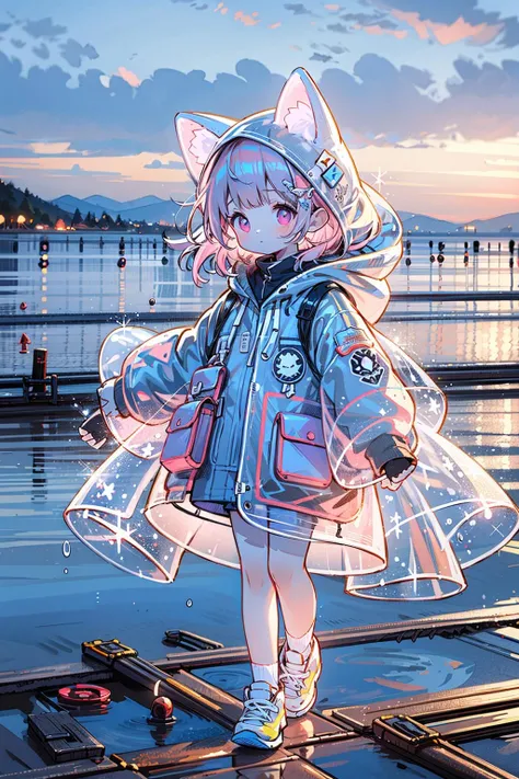 1girl, raincoat, pop style, glowing, purple, purple glowing, solo, looking at viewer, bangs, animal ears, closed mouth, flying in sky, full body, pink hair, outdoors, sky, socks, pink eyes, water, flying
<lora:GlowingPP:0.8>,