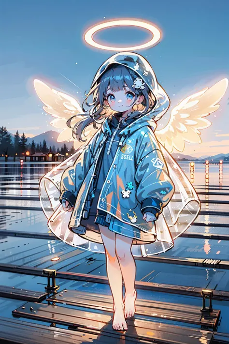 1girl,raincoat,pop style,glowing,solo,looking at viewer,smile,long hair,bangs,blue eyes,hair ornament,closed mouth,flying,full body,outdoors,wings,blue sky,barefoot,see-through,halo,horizon,angel,
<lora:GlowingPP:0.8>,