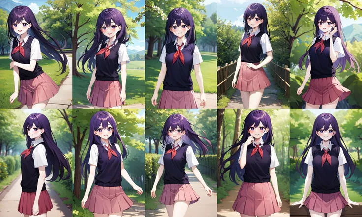 masterpiece, best quality, highres, 1girl, solo, long hair, purple hair, bangs, black eyes, bright pupils, white pupils, white skin, school uniform, red neckerchief, white shirt, sweater vest, black sweater, short sleeves, pleated skirt, pink skirt, <lora:mari_(omori)_v1:0.7>, standing, cowboy shot, outdoors, smile