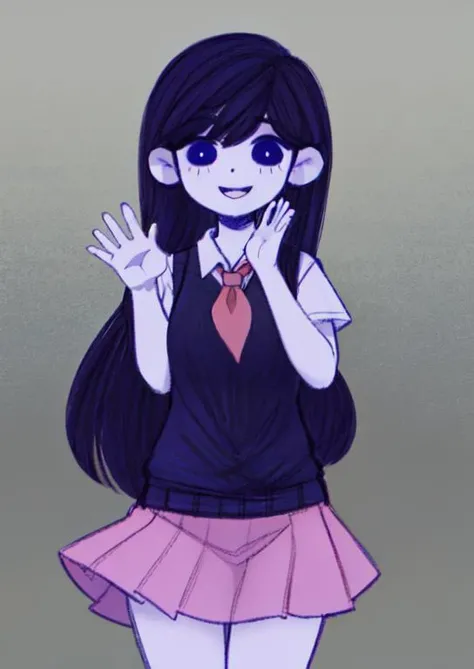(masterpiece, best quality:1.2), extremely detailed, soft ambient lighting, sharp focus, 4K, <lora:OmoriStyle:0.8>, omori, BREAK <lora:mari_(omori)_v1:0.7>, 1girl, solo, long hair, purple hair, bangs, black eyes, bright pupils, white pupils, white skin, school uniform, red neckerchief, white shirt, sweater vest, black sweater, short sleeves, pleated skirt, pink skirt, BREAK simple background, standing, happy, looking at viewer, waving at viewer