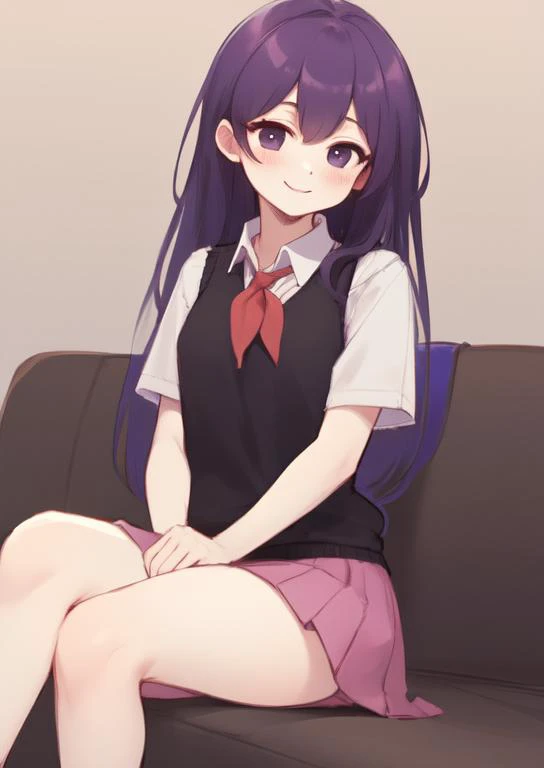 (masterpiece, best quality:1.2), extremely detailed, soft ambient lighting, sharp focus, 4K, BREAK <lora:mari_(omori)_v1:0.7>, 1girl, solo, long hair, purple hair, bangs, black eyes, bright pupils, white pupils, white skin, school uniform, red neckerchief, white shirt, sweater vest, black sweater, short sleeves, pleated skirt, pink skirt, BREAK simple background, sitting on couch, smiling, looking at viewer