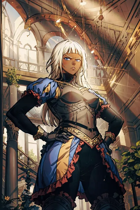 <lora:ophelia:0.8> ophelia , solo, 1girl, long hair, white hair, armor, dark skin, blunt bangs, dark-skinned female, blonde hair, gloves, blue eyes, breastplate, puffy sleeves,standing,hands on hip,serious face,expresionless,angry eyes,(from below),looking at viewer,masterpiece,extremely detailed CG unity 8k wallpaper, best quality,32k,focus sharp, <lora:JW:0.6>, <lora:Messy:0.6> Messy_art,