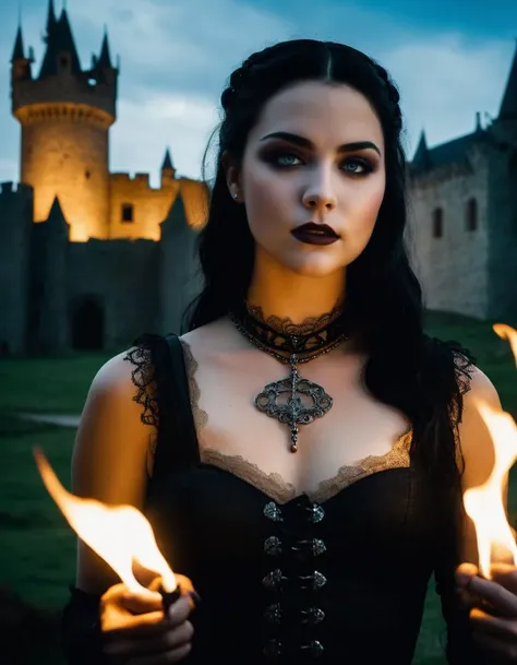 Waist length portrait, Sharp images, clear photo, hyper-detailed, photorealistic texture shot, 8K HD, 20 years old woman, she has very black wavy hair, she wears a long black gothic style dress with lace and embroidery with beautiful fine details and an elegant black corset with silver details, plus a silver chain necklace with a ruby, interesting and complicated construction, she has cross-shaped earrings, face without makeup (Detailed and realistic skin), lips marked with red lipstick, flirtatious look, white tees, big light green eyes, soft and bold black eye shadows, huge eyelashes, beautiful dark green eyes, she is smiling slightly in a mysterious way, beautiful teeth, hyperrealism, very elaborate skin, very detailed, realistic photo, 32k, hdr background, details,she holds with both hands a lighted candle on a candlestick (realistic silver candlestick), she is looking intently at the candlestick, she is in front of stonehenge, gray day, with dark clouds
