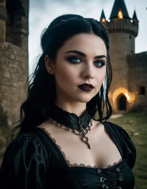 Hollywood action movie cinematic film still of beautiful 20 yo goth amyleevan with a choker with medium length black hair, Amy Lee, blue eyes, detailed eyes, detailed pupils, goth makeup, wearing lacy goth clothes and a short skirt, laced cleavage, corset, film grain, glossy wet lips, Nikon Z9, realistic matte skin, detailed skin, skin texture visible, skin pores, visible mimic wrinkles, slim body, (sharp focus), (high quality), cocky smirk, interior of medieval castle ruins in the background enlighted with burning torches , dark scenery, <lora:Amy Lee:1>