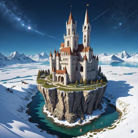 (masterpiece, top quality, best quality, official art, beautiful and aesthetic:1.2), extreme detailed,(fractal art:1.3),colorful,highest detailed in ultra detailed complex medieval castle, evil aura, lake, river, snow mountains,(best-quality:0.8), (best-quality:0.8), perfect anime illustration, BREAK saturn, bubbling acid