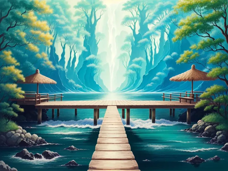 surreal, abstract, blue, (figural nature with unfinished|imaginative jetty with milk )