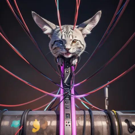 <lora:synth3:0.5> snth, cables, buttons, floating city, silver fox, Deep pink, vein