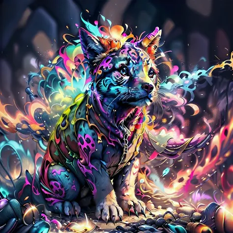 unusual 1girl waist measuring seal wearing Nightshirt, figural shrine with inverted colors. panther. <lora:psychedelic_portrait:1> psychedelic,