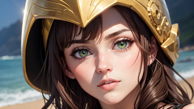 an awarded profesional photography of 1 girl b1ll1331ll1sh with green eyes, french fishtail braid drill hair medium brown wear Amazonian Warrior (Greek Mythology): Wearing well-worn leather or bronze armor, wearing a worn helmet or headband, and a faded Greek flag patch, symbolically, with brown hair in a braided hairstyle and adorned with feathers, complemented by intense green eyes in an epic mythical landscape. with facial expresion regretful make pose Standing on a moonlit beach, she raises her arms, feeling the pull of the tides and the vastness of the ocean with friendly animal Panther in nightclub
Sword over shoulder
Bob Orsillo Spotlights,(epic scene:1.3),ultradetialed character with perfect face,detailed skin,(ultrasharp:1.3),(masterpiece:1.1),best quality (photorealistic:1.2),ultrarealistic,realistic ultradetailed character,4k perfect quality, Cowboy shot<lyco:GoodHands-beta2:1>Magnificent,Imperceptible detail,Intricately designed, (perfect quality face:1.5) hyper-detailed complex, very intricate details, insanely detailed
