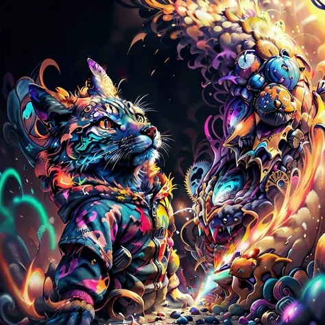 dieselpunk 1girl catching pixel wearing crotchless pants, absorbing asteroid with flamethrower. lemur.  <lora:psychedelic_portrait:1> psychedelic,