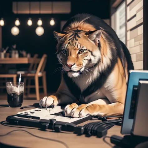 <lora:synth3:0.5> snth, cables, buttons, cafe, lion, Lion, writing