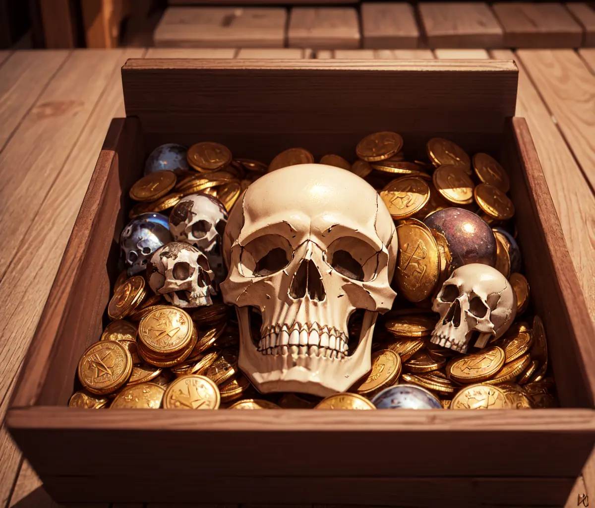 (top quality, best quality, official art, beautiful and aesthetic:1.2), extreme detailed,(fractal art:1.3),colorful,highest detailed in ultra detailed complex wooden box, skull,(best-quality:0.8), (best-quality:0.8), perfect anime illustration, BREAK gold coins