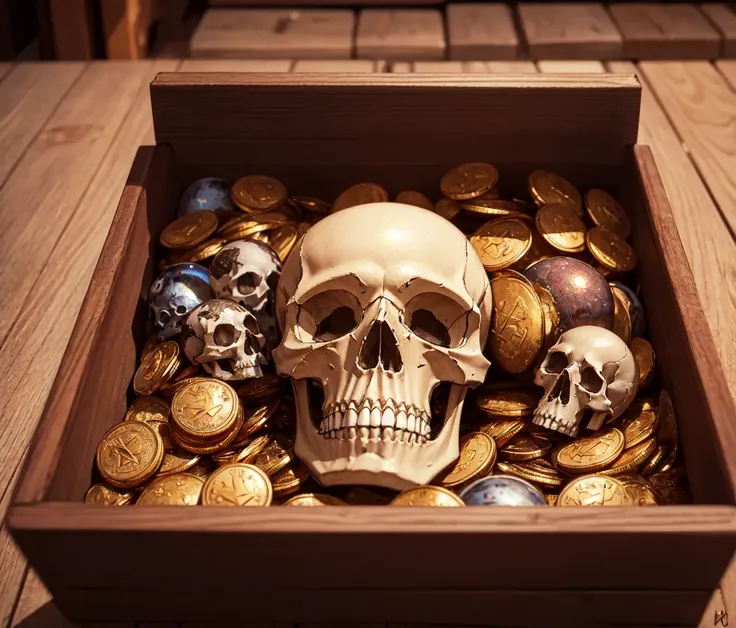 (top quality, best quality, official art, beautiful and aesthetic:1.2), extreme detailed,(fractal art:1.3),colorful,highest detailed in ultra detailed complex wooden box, skull,(best-quality:0.8), (best-quality:0.8), perfect anime illustration,  BREAK gold coins