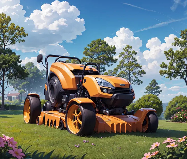 (top quality, best quality, official art, beautiful and aesthetic:1.2), extreme detailed,(fractal art:1.3),colorful,highest detailed in ultra detailed complex lawn, cybernetic ride on lawnmower,(best-quality:0.8), (best-quality:0.8), perfect anime illustration,  BREAK clouds