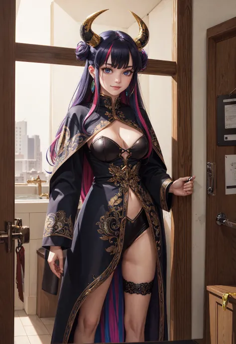 detailed intricate complex, (cowboy shot, standing:1.2), high quality, indoors, lifelike texture, cinematic lighting, photorealistic, (1girl, oni woman, oni horns, medium breasts, (prismatic holographic hyper detailed intricate complicated Long coat fengguan pattern), stern smile, glowing eyes, multicolored hair long hair topknot), absurdres, on extremely detailed bathtub,  bandage, warp, dual persona, athletic, pov doorway, (best quality, sketch)