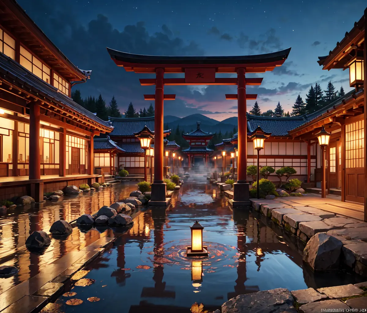 (masterpiece, top quality, best quality, official art, beautiful and aesthetic:1.2), extreme detailed,(fractal art:1.3),colorful,highest detailed in ultra detailed complex onsen, puddle, water, torii gate, japanese buildings,(best-quality:0.8), (best-quality:0.8), perfect anime illustration, BREAK steam