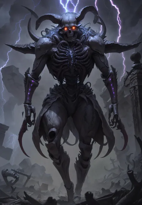 best quality,<lora:add_detail:0.3>, (solo), <lora:concept_edgThunderstruck_(edgThunderstruck):1>, <lora:style_reelhorror2:0.8>, skeleton, scary, lightning, cowboy shot, shambling, limping, covered in lightning, (bones:1.4), pelvic bone, glowing eyes, eyeballs,wearing edgThunderstruck_armor, electrified, weilding thunder, lightning on arms, lightning on chest, rib cage, lightning around legs, horns,