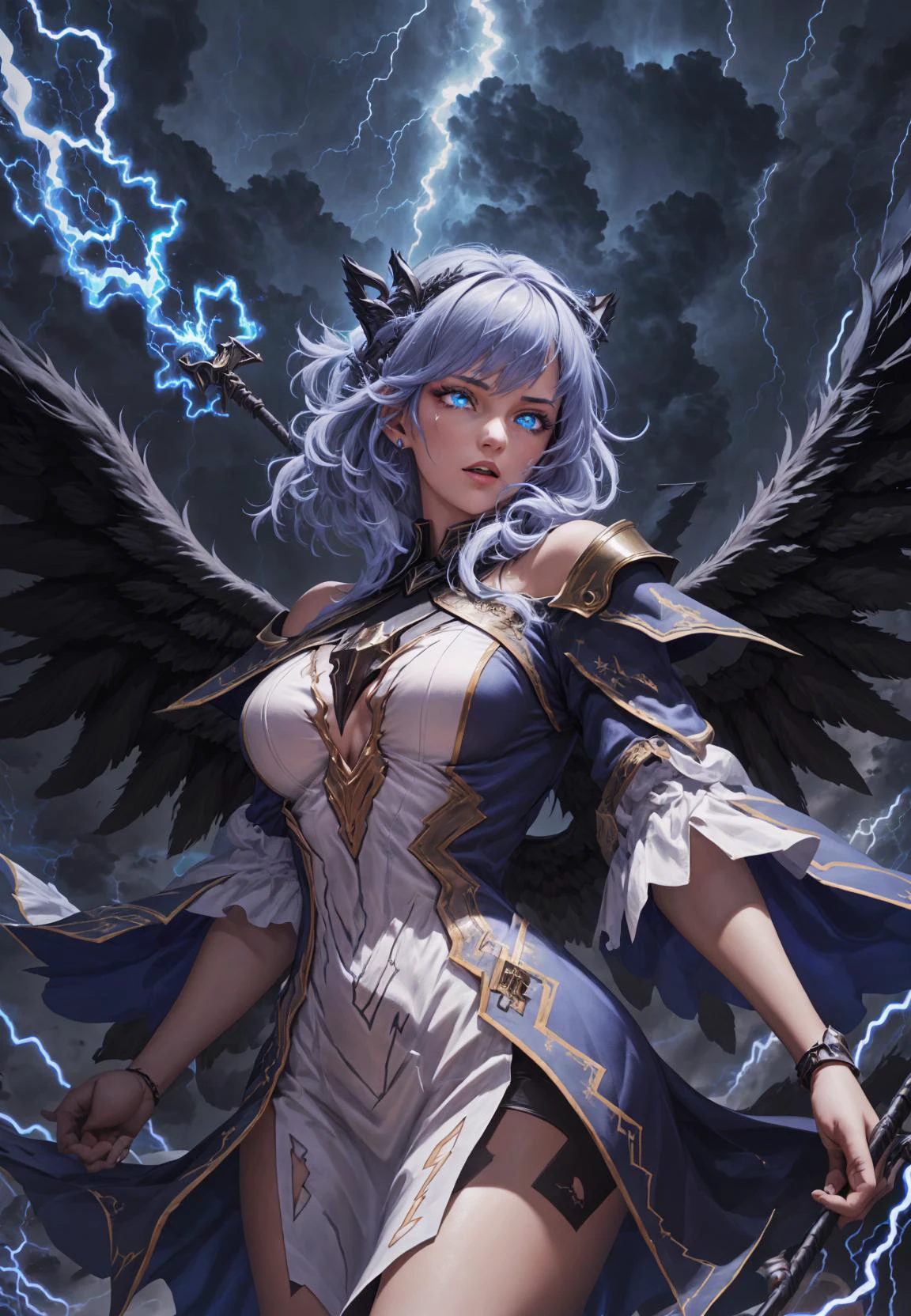 best quality,<lora:add_detail:0.3>, (solo), <lora:concept_edgThunderstruck_(edgThunderstruck):1>, (1girl, solo), <lora:concept_angelify_changeACharacterAngelIfy_v10_(AngelT):0.7>, AngelT, edgThunderstruck, blue robes, covered in lightning, wielding thunder, glowing blue eyes, flying, in the air, huge black wings, lightning eyes,
dark green hair, half-up half-down hairstyle, short bangs,
BREAK
lightning background, storm clouds,