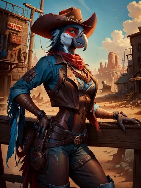 <lora:lowra_v10:0.3> <lora:Anthro-Birds-v3.5:0.7> <lora:CattlePunkAI:0.7> dark theme cattlepunkai  looking at viewer Anthro aarakocra bird GS-Womanly scarlet macaw, cowgirl,  fully clothed, messy environment, hyper detailed,