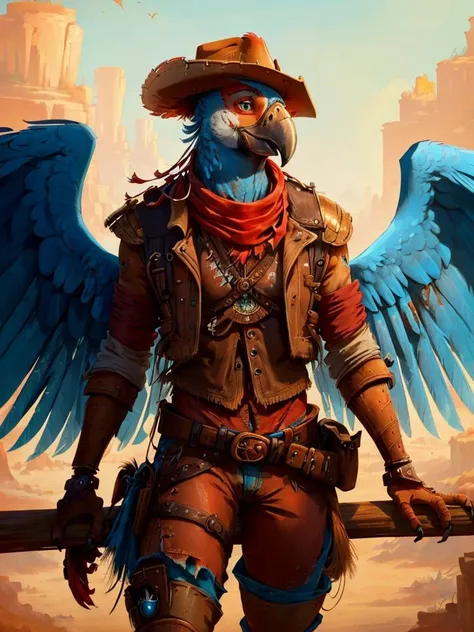<lora:Anthro-Birds-v3.5:0.7> <lora:CattlePunkAI:0.7> cattlepunkai (Anthro aarakocra \(dnd\)), bird scarlet macaw wings, cowboy, fully clothed, messy environment, hyper detailed,