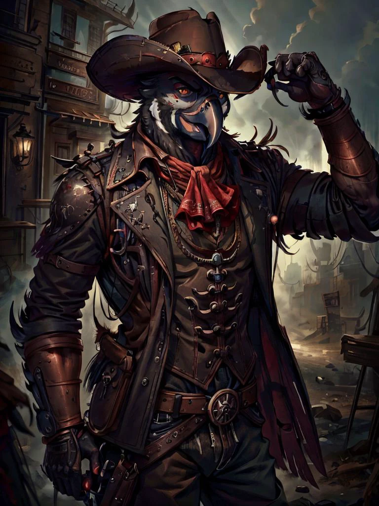 <lora:lowra_v10:0.5>, <lora:Anthro-Birds-v3.5:0.7> <lora:CattlePunkAI:0.7> <lora:GothicPunkAI:0.6> dark theme,  looking at viewer, [cattlepunkai|gothicpunkai] Anthro aarakocra bird GS-Masculine scarlet macaw cowboy,  fully clothed, messy environment, hyper detailed,