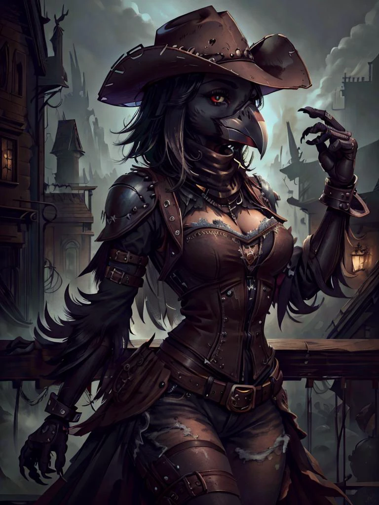 <lora:lowra_v10:0.15>, <lora:Anthro-Birds-v3.5:0.7> <lora:CattlePunkAI:0.6> <lora:GothicPunkAI:0.6> dark theme,  looking at viewer, [cattlepunkai|gothicpunkai] Anthro aarakocra bird GS-Womanly raven cowboy,  fully clothed, messy environment, hyper detailed,