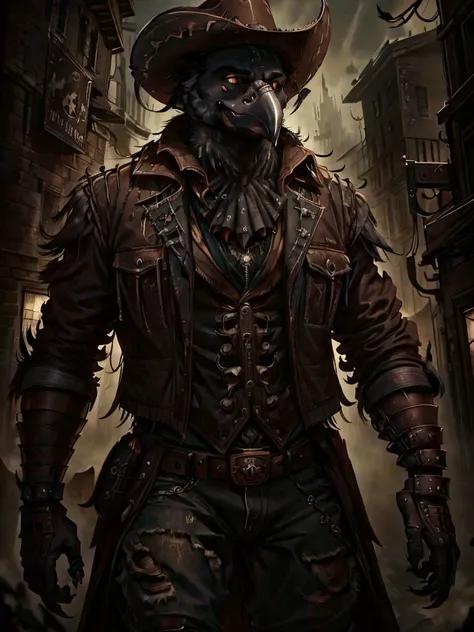 <lora:lowra_v10:0.15>, <lora:Anthro-Birds-v3.5:0.7> <lora:CattlePunkAI:0.6> <lora:GothicPunkAI:0.6> dark theme,  looking at viewer, [cattlepunkai|gothicpunkai] Anthro aarakocra bird GS-Masculine vulture cowboy,  fully clothed, messy environment, hyper detailed,