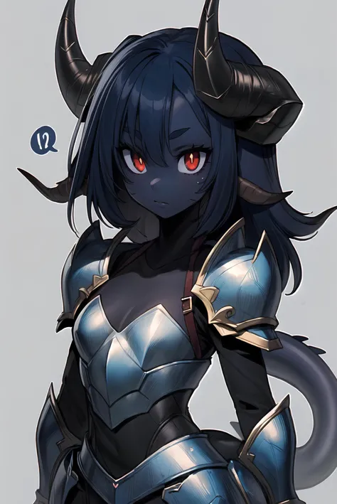 <lora:kanel:1.3>, 1girl, masterpiece, best quality, dragon girl, horns, (deep blue skin), long horns, red eyes, slit pupils, upper body, black leather armor, tail, simple background <lora:more_details:0.5>