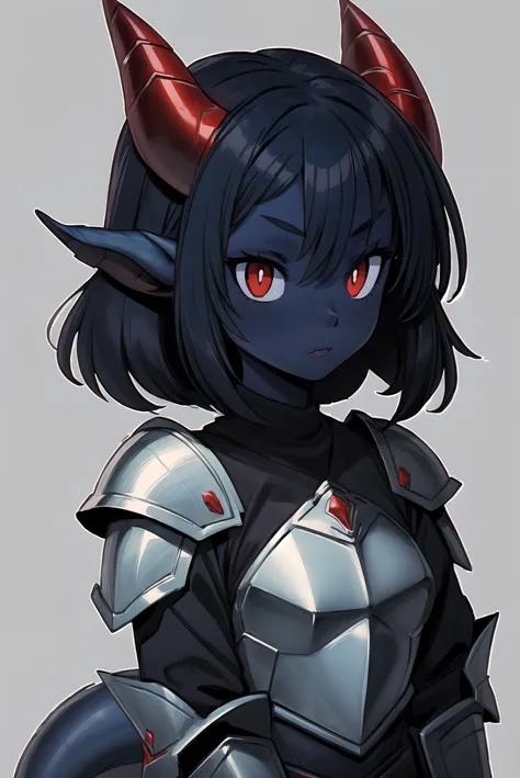 <lora:kanel:1.3>, 1girl, masterpiece, best quality, dragon girl, horns, (deep blue skin), long horns, red eyes, slit pupils, upper body, black leather armor, tail, simple background  <lora:more_details:0.5>