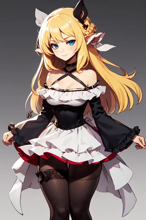 A girl, Lolita style, maid, blonde hair, long hair, twin tails, long twin tails, bangs, heterochromatic eyes, one pupil is purple, one pupil is gold, black stockings, stockings, flesh Legs, lift skirt to reveal panties, black lace panties, panties, briefs, lace, lace briefs, translucent briefs, blush, tenderness, smile, high quality, don't show excessive composition problems, masterwork, skin Fair, smooth skin, clear pupils, high-definition picture quality, perfect composition, fine characterization, extreme details, coordination of light and shadow, precise body proportions, (correct proportions of facial features), (exquisitely sculpted face), epic works, 8K, (Masterpiece), (High Quality), (Super Detailed), ((Illustration))