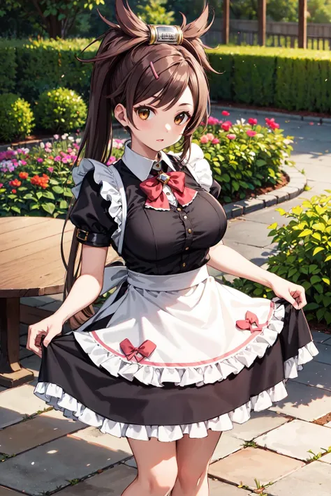 masterpiece,best quality,highres,ultra-detailed,kuradoberi jam,long hair,large breasts,hair ornament,hairclip,<lora:kuradoberi_jam:0.8>,maid,apron,brooch,skirt hold,standing,garden,table,