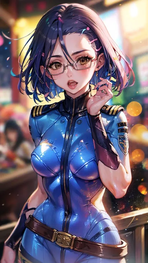 best quality, masterpiece, 1girl , <lora:spacebattleship_niimi-11:1> niimi kaoru hairclip glasses bodysuit uniform belt, spacesuit, spacecraft, <lora:detail_slider_v4:5> bokeh,