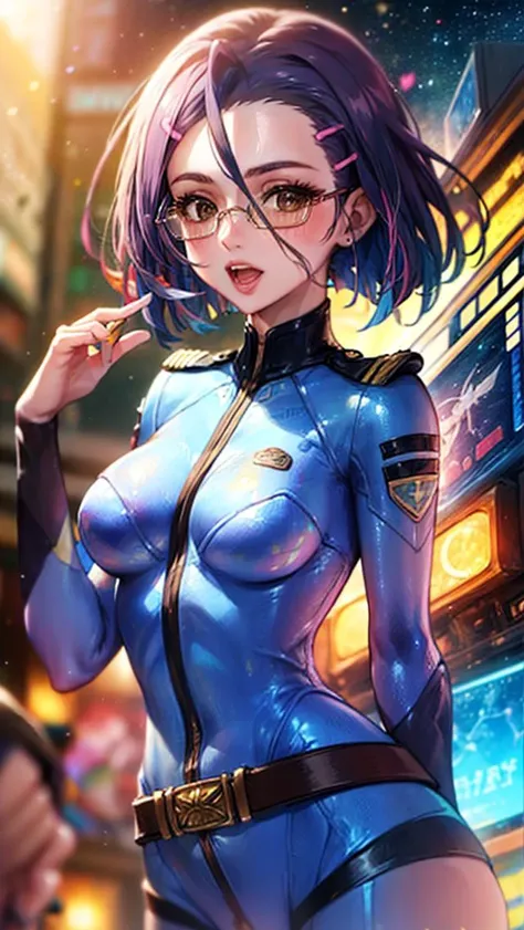 best quality, masterpiece, 1girl , <lora:spacebattleship_niimi-11:1> niimi kaoru hairclip glasses bodysuit uniform belt, spacesuit, spacecraft, <lora:detail_slider_v4:5> bokeh,