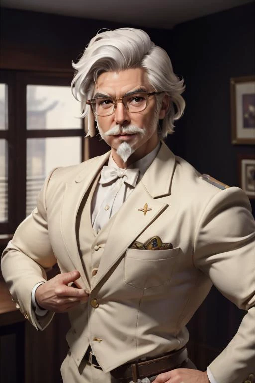 1man, solo, selfie of muscular handsome colsanders wear white suit, western kentucky bow tie, colonel colonel sanders, glasses, handsome, white hair mustache beard, <lora:ARWColSanders:1> <lora:BulkedUpAIR1.5:0.6>