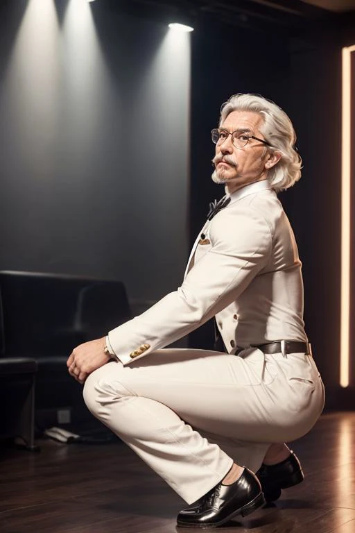 1man, solo, twerk pose of muscular handsome colsanders wear white suit at night club, dance floor, long pants, black shoes, western kentucky bow tie, colonel colonel sanders, glasses, handsome, white hair mustache beard, <lora:ARWColSanders:1> <lora:BulkedUpAIR1.5:0.6>