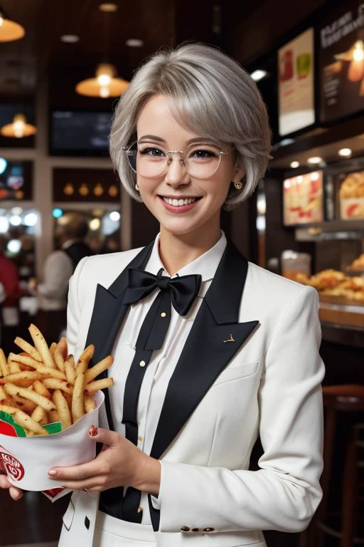 1girl, beautiful, a portrait of cute colsanders in front of friend chicken bucket and fries, white suit, silver hair, glasses, kfc, black tie, smile, happy, dim light, realistic, horror \(theme\), look at viewer, <lora:epi_noiseoffset2:0.4> <lora:hipoly_3dcg_v7-epoch:0.4> <lora:ARWColSanders:1>