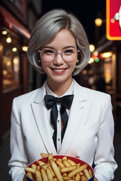 1girl, beautiful, a portrait of cute colsanders in front of friend chicken bucket and fries, white suit, silver hair, glasses, kfc, black tie, smile, happy, dim light, realistic, horror \(theme\), look at viewer, <lora:epi_noiseoffset2:0.4>  <lora:hipoly_3dcg_v7-epoch:0.4>  <lora:ARWColSanders:1>