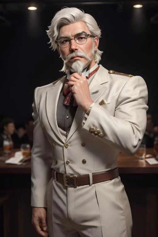 1man, solo, selfie of muscular handsome colsanders wear white suit, western kentucky bow tie, colonel colonel sanders, glasses, handsome, white hair mustache beard,  <lora:ARWColSanders:1> <lora:BulkedUpAIR1.5:0.6>