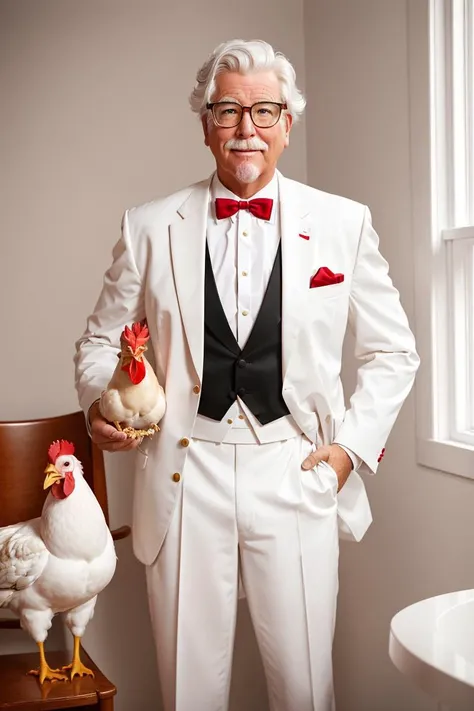 COLSANDERS, WHITE SUIT, WESTERN KENTUCKY BOW TIE, standing with a chicken, photo realistic, sharp focus, 4k, 8k <lora:ARWColSanders:0.7>