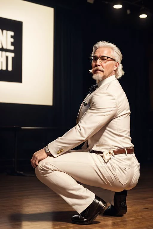 1man, solo, twerk pose of muscular handsome colsanders wear white suit at night club, dance floor, long pants, black shoes, western kentucky bow tie, colonel colonel sanders, glasses, handsome, white hair mustache beard, <lora:ARWColSanders:1> <lora:BulkedUpAIR1.5:0.6>