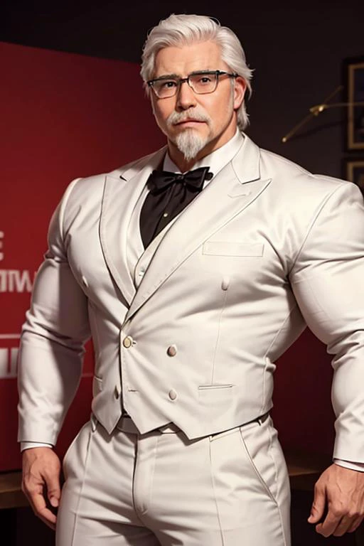 1man, solo, portrait of muscular handsome colsanders wear white suit, western kentucky bow tie, colonel colonel sanders, glasses, handsome, white hair mustache beard, <lora:ARWColSanders:1> <lora:BulkedUpAIR1.5:0.6>