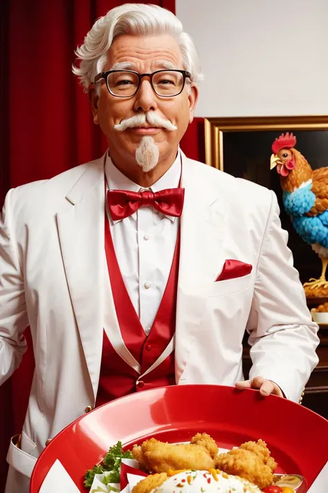 COLSANDERS, WHITE SUIT, WESTERN KENTUCKY BOW TIE, standing with a chicken and a plate full of fried chicken, photo realistic, sharp focus, 4k, 8k <lora:ARWColSanders:0.8>