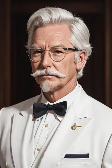 1man, solo, portrait of muscular colsanders wear white suit, western bow tie, colonel colonel sanders, glasses, handsome, white hair mustache beard, <lora:ARWColSanders:1>