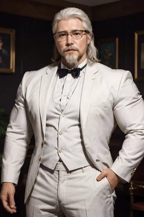 1man, solo, portrait of muscular handsome colsanders wear white suit, western kentucky bow tie, colonel colonel sanders, glasses, handsome, white hair mustache beard, <lora:ARWColSanders:1> <lora:BulkedUpAIR1.5:0.6>