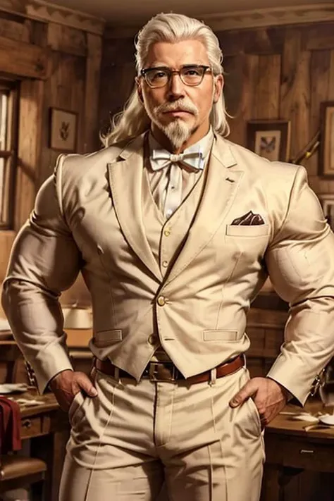 1man, solo, portrait of muscular handsome colsanders wear white suit, western kentucky bow tie, colonel colonel sanders, glasses, handsome, white hair mustache beard, <lora:ARWColSanders:1> <lora:BulkedUpAIR1.5:0.6>