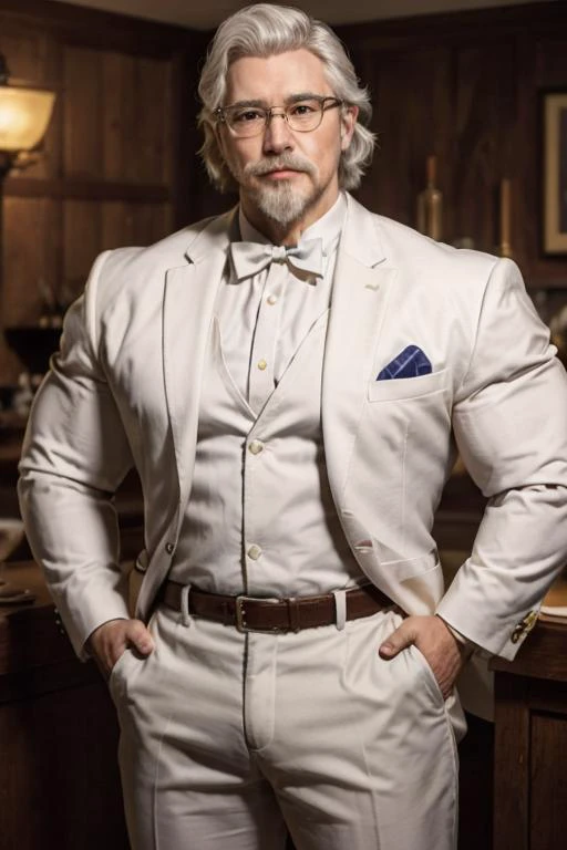 1man, solo, portrait of muscular handsome colsanders wear white suit, western kentucky bow tie, colonel colonel sanders, glasses, handsome, white hair mustache beard, <lora:ARWColSanders:1> <lora:BulkedUpAIR1.5:0.6>