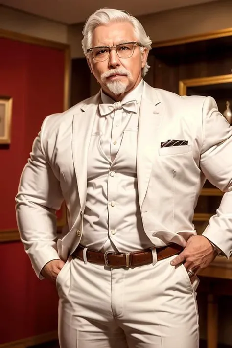 1man, solo, portrait of muscular handsome colsanders wear white suit, western kentucky bow tie, colonel colonel sanders, glasses, handsome, white hair mustache beard, <lora:ARWColSanders:1> <lora:BulkedUpAIR1.5:0.6>