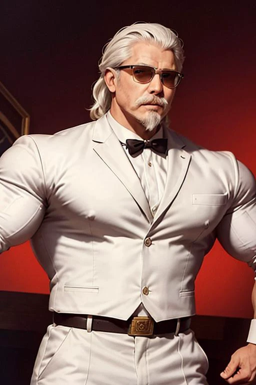 1man, solo, portrait of muscular handsome colsanders wear white suit, western kentucky bow tie, colonel colonel sanders, glasses, handsome, white hair mustache beard, <lora:ARWColSanders:1> <lora:BulkedUpAIR1.5:0.6>