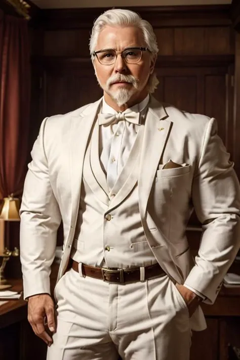1man, solo, portrait of muscular handsome colsanders wear white suit, western kentucky bow tie, colonel colonel sanders, glasses, handsome, white hair mustache beard, <lora:ARWColSanders:1> <lora:BulkedUpAIR1.5:0.6>